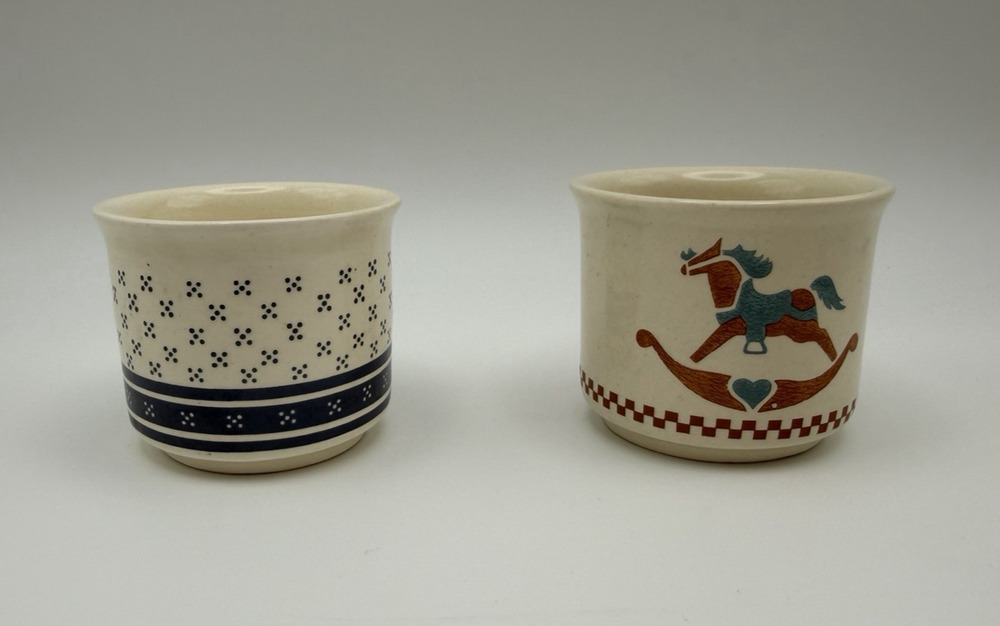 Vintage Ceramic Mini Crocks Set of 2 Blue Dot, Rocking Horse Cottage Rustic